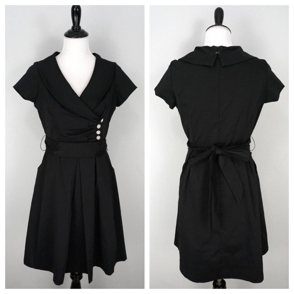 JULIAN TAYLOR Black V-Neck Faux Wrap Short Sleeve Jeweled Pleated Dress 10P